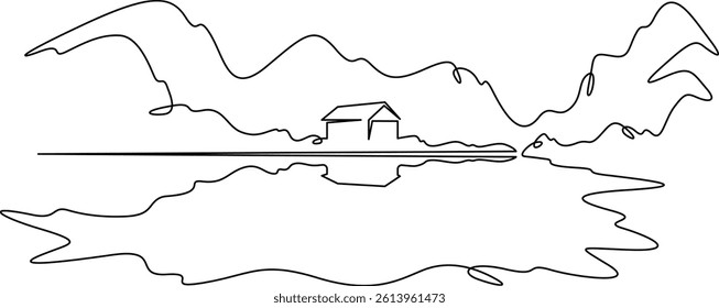 Continuous one line drawing house by the lake.Residential house on the lake shore.Mountain landscape.
One continuous line isolated minimal illustration.Not AI.