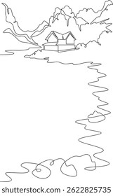 Continuous one line drawing house on the lake shore.Mountain lake.House by the water.Vertical picture.One continuous line isolated minimal vertical illustration.Not AI.