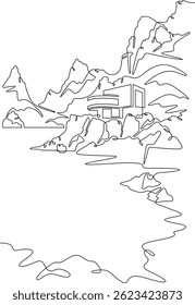 Continuous one line drawing house on the lake shore.Mountain lake.House by the water.Vertical picture.One continuous line isolated minimal vertical illustration.Not AI.