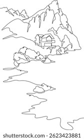 Continuous one line drawing house on the lake shore.Mountain lake.House by the water.Vertical picture.One continuous line isolated minimal vertical illustration.Not AI.