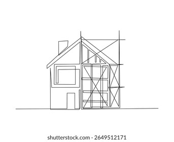 Continuous one line drawing of house construction architecture. House renovation outline illustration. Editable vector.
