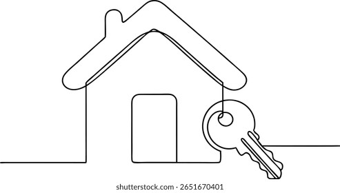 Continuous One Line Drawing of a House with a Hanging Key Representing Real Estate, Home Ownership, and Property Security