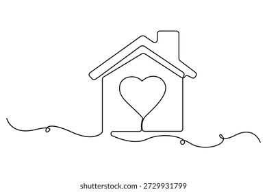 Desenho contínuo de uma linha de casa com coração amor conceito casa vetor ilustração

