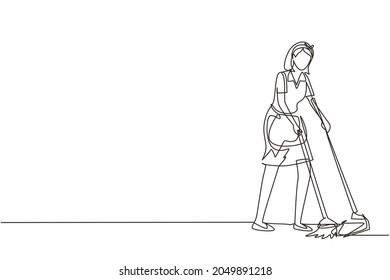Continuous one line drawing housekeeping girl worker with broom, dustpan. Woman janitor, sweeping floor with broom, holding dustpan, professional cleaning. Single line draw design vector illustration