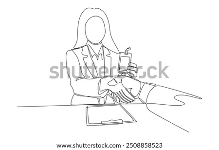 Continuous one line drawing of hr officer giving employee ID badge to new employee, entering work for the first time concept, single line art.