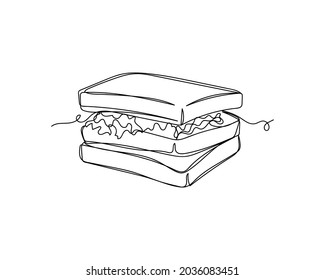 Dibujo continuo de una línea de un enorme icono de sándwich caliente en una silueta sobre un fondo blanco. Linear estilizado.