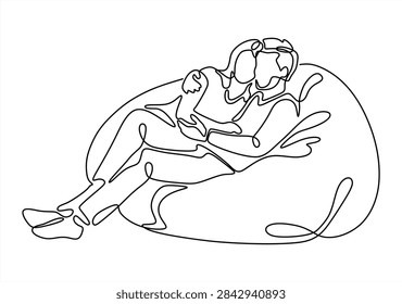 Continuous one line drawing of hugging couple sitting in bean bag chair, man and woman embracing, love concept, hand drawing vector illustration.