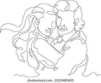 Continuous one line drawing hugs of a couple in love. Lovers hug. Tenderness and love. Man and woman. One continuous line isolated minimal illustration.Not AI.