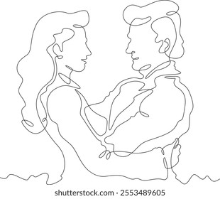 Continuous one line drawing hugs of a couple in love. Lovers hug. Tenderness and love. Man and woman. One continuous line isolated minimal illustration.Not AI.