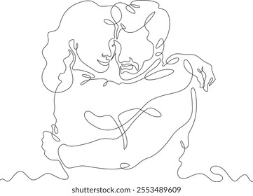 Continuous one line drawing hugs of a couple in love. Lovers hug. Tenderness and love. Man and woman. One continuous line isolated minimal illustration.Not AI.