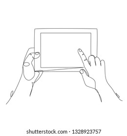 Continuous one line drawing. Human hands holding the tablet. Linear style