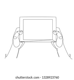 Continuous one line drawing. Human hands holding the tablet. Linear style
