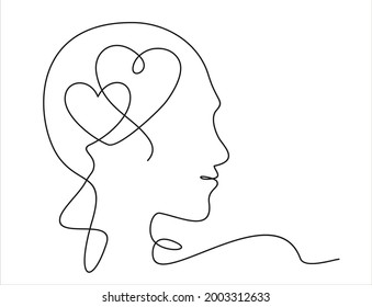 Continuous one line drawing of human head with a hearts. Vector illustration