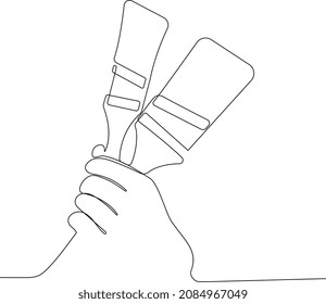 Continuous one line drawing of human hand holds two paint brushes with paint can, floor painting, blank space for your text, banner, advertisement or your design minimal outline. Vector illustration