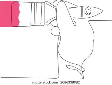 Continuous one line drawing of human hand holds paint brushes with paint can, floor painting, blank space for your text, banner, advertisement or your design minimal outline. Vector illustration