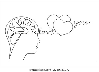 Kontinuierliche Zeichnung des menschlichen Kopfes mit Herz mit Inschrift "Liebe du". Konzept des Valentinstag. Vektorgrafik