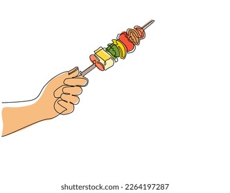 Continuous one line drawing human hand holding kebab  Hand holding skewers and roasted meat  Traditional food barbecue  steaks  kebab shashlik  Single line draw design vector graphic illustration