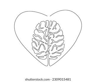 Continuous one line drawing of human brain inside love shape. Brain line art vector illustration, psychology, idea and intelligence concept.  Editable stroke.