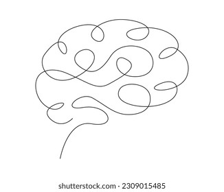 Continuous one line drawing of human brain. Brain line art vector illustration, psychology, idea and intelligence concept.  Editable stroke.