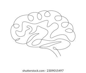 Continuous one line drawing of human brain. Brain line art vector illustration, psychology, idea and intelligence concept.  Editable stroke.