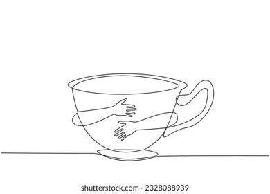 Continuous one line drawing of human hands hugging hue tea cup. A glass of drink served in the afternoon. Drink snacks when talking with family. Relax. Single line draw design vector illustration