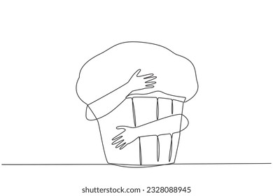 Continuous one line drawing human hands hugging huge muffin. Small circular buns with a sweet taste. Delicious when served warm as a friend to drink tea. Single line draw design vector illustration