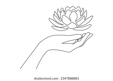 Continuous one line drawing of human hand with lotus flower. Water lily buddhism concept in simple linear style. Editable stroke. Doodle outline vector illustration