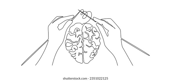 Continuous one line drawing of human hands knitting brain. Mental health and psychotherapy concept in simple linear style. Editable stroke. Doodle vector illustration