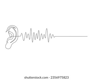 Continuous one line drawing of human ear with audio waves. Human ear with sound waves outline. Editable stroke.