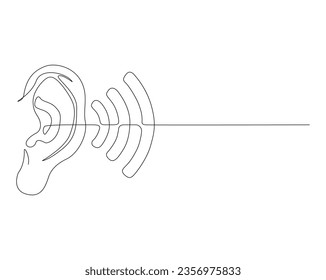 Continuous one line drawing of human ear with audio waves. Human ear with sound waves outline. Editable stroke.