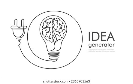 Durchlaufende Zeichnung einer Linie 
menschliches Gehirn, Glühbirne und Stecker. Creative Idee Inspiration Generator - Concept Banner für Präsentationen, Broschüren, Webseiten und andere Designprojekte. Mind Layout.