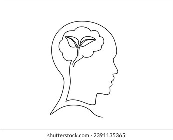 Continuous one line drawing of human head with plant inside. Mental health and psychology vector concept. Creative ideas, grow up, positive thinking and self care. Growth mindset skills illustration