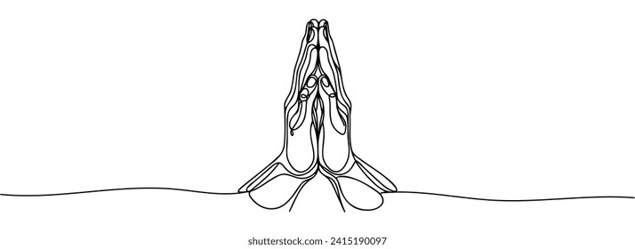 Continuous one line drawing of human hands folded in prayer.