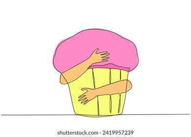 Continuous one line drawing human hands hugging huge muffin. Small circular buns with a sweet taste. Delicious when served warm as a friend to drink tea. Single line draw design vector illustration