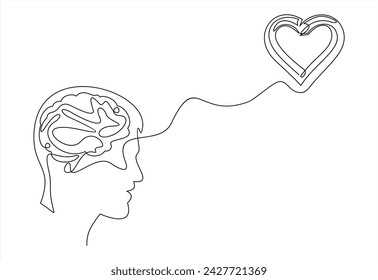 Continuous one line drawing of human head with a heart. Vector illustration	
