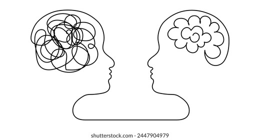 Continuous one line drawing of human brain and metaphor bipolar disorder, dual (split) personality concept. Patient and Psychologist. Editable stroke. Vector illustration