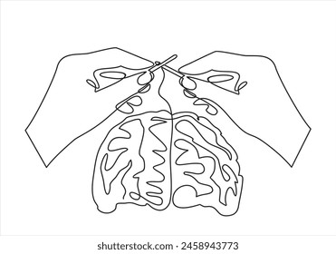 Continuous one line drawing of human hands knitting brain. Mental health and psychotherapy concept in simple linear style. Vector
