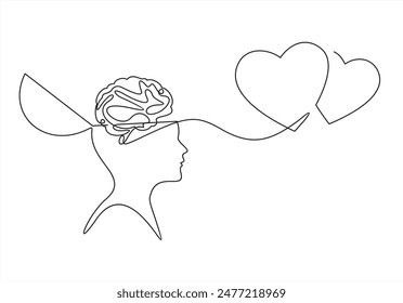 Continuous one line drawing of human head with a hearts. Vector illustration