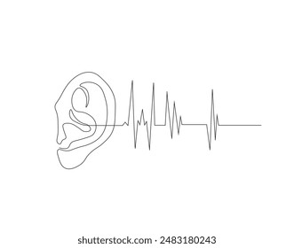 Continuous one line drawing of human ear with sound waves. One line drawing illustration of human ear. Parts of body concept one line. Editable outline.