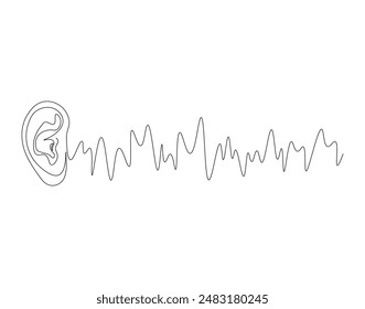 Continuous one line drawing of human ear with sound waves. One line drawing illustration of human ear. Parts of body concept one line. Editable outline.