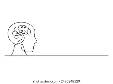 Continuous one line drawing human head with brain vector illustration