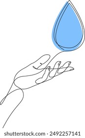 Dibujo continuo de una línea de la mano humana sosteniendo la gota de agua. Gota líquida azul en el brazo dibujada con una sola línea. Concepto del Día Mundial del Agua. Ilustración vectorial con trazo editable.