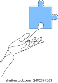 Continuous one line drawing of human hand holding puzzle. Puzzle game symbol on palm hand. Business metaphor, problem solving concept. Vector illustration with editable stroke.