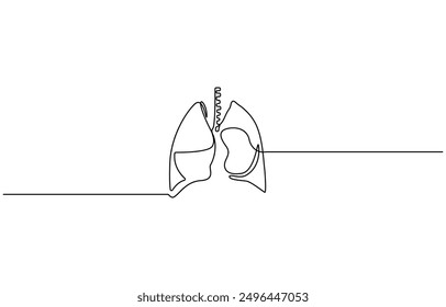 Dibujo continuo de una línea de los pulmones humanos. Una línea de pulmones humanos anatómicos. Concepto interno médico arte de línea continua, órgano humano del hígado dibujado por una línea. Boceto anatómico. Aislado.