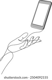 Continuous one line drawing of human hand holding smartphone. Mobile phone on palm hand. Cellular phone vector illustration with editable stroke.