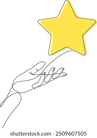 Continuous one line drawing of human hand holding yellow star. Satisfaction customer concept. Vector illustration with editable stroke.