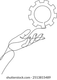 Continuous one line drawing of human hand holding metal gear. Machine wheel gear in arm drawn with single line. Cogwheel on palm. Vector illustration with editable stroke.