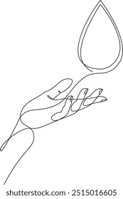Desenho contínuo de uma linha da mão humana segurando a gota de água. Sangue ou óleo caem no braço puxado com uma única linha. Ilustração vetorial com traçado editável.