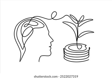 continuous one line drawing of a human head and brain thinking about Coins stack with leaves branch, thinking about how and where to make money. Time for new opportunities to earn.