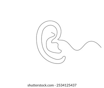 Continuous one line drawing of human ear. One line drawing illustration of human anatomy. International listening day concept single line. Editable outline